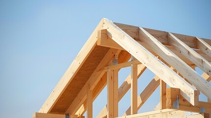 A close-up of a wooden roof frame under construction, showcasing the structure's beams against a clear blue sky.