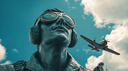 A statue of a spirited pilot with aviator sunglasses and a model airplane, on a bold sky blue background