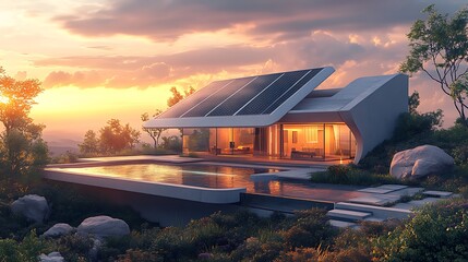 Obraz premium Futuristic smart home featuring advanced solar panels on the roof, energy-efficient design, large windows showcasing smart appliances, eco-friendly environment, bright sunlight,