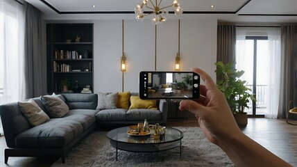 Person taking photo of living room interior with smartphone.