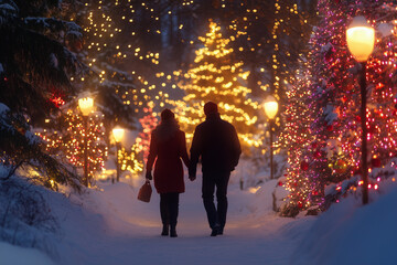 A romantic winter stroll through a beautifully lit holiday wonderland