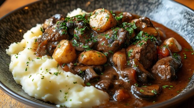 A plate of beef stew with mashed potatoes and mushrooms