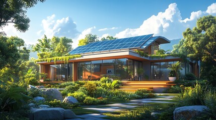 Obraz premium Modern smart home with sleek architecture, rooftop covered in solar panels, surrounded by a lush garden, energy-efficient appliances visible through large glass windows, bright sunny day,