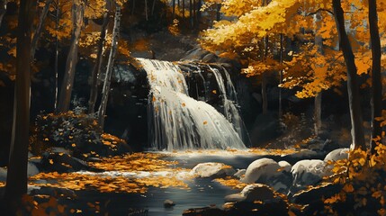 Fototapeta premium A quiet waterfall in a secluded forest, with golden autumn leaves scattered on the ground and the water flowing gently over smooth rocks