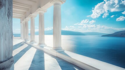 Naklejka premium White columns, Columns on blue sky and blue sea background 