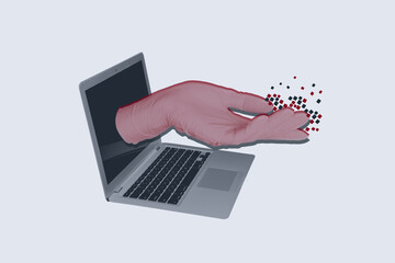 Composite photo collage of hand wear glove peek laptop screen antivirus app protection covid illness isolated on painted background