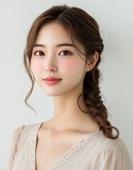A beautiful Korean woman in a beige dress, with brown hair in a side-parted braid, against a white background