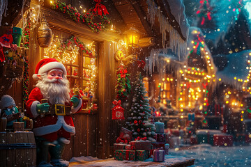 Obraz premium Festive winter wonderland with Santa by a cozy Christmas market lit by twinkling lights