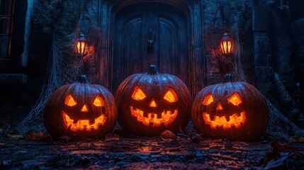 Obraz premium Glowing jack-o'-lanterns on a spooky doorstep.