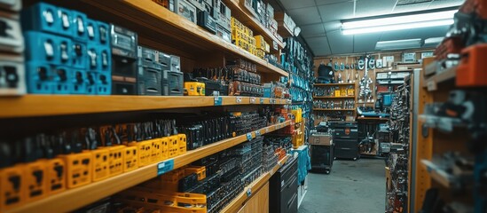 Naklejka premium A well-stocked hardware store with shelves full of tools and supplies.