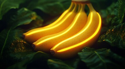 Glowing Vitamin-Packed Bananas against Lush Tropical Foliage in 3D