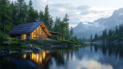 Obraz premium Off-grid solar-powered cabin by a serene lake, surrounded by pine trees, solar panels reflecting the sunlight, tranquil and peaceful scene, photorealistic textures, vibrant lighting,