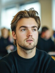 Obraz premium Contemplative College Student in Study Hall