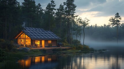 Fototapeta premium Off-grid solar-powered cabin by a serene lake, surrounded by pine trees, solar panels reflecting the sunlight, tranquil and peaceful scene, photorealistic textures, vibrant lighting,