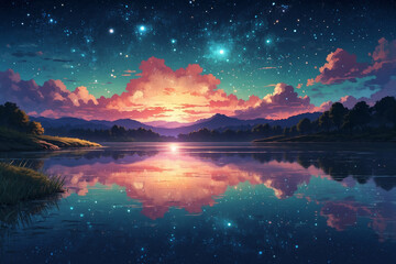 Anime style, still lake under starlit sky, galaxy reflection creating a mirror effect, peaceful night scene