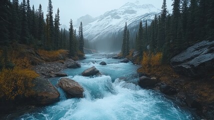 A fast-flowing river rushes through a mountain valley, surrounded by a dense forest and snow-capped peaks.