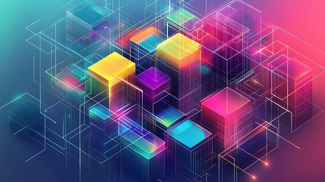 Colorful gradient wireframe design with geometric grids and light reflections, creating a visually stimulating tech-themed background