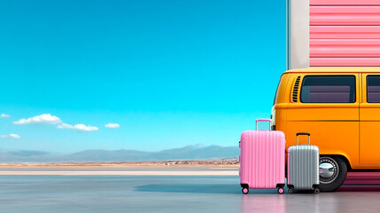 a minibus with the rear door open in front of an airport terminal. Pink, yellow and silver suitcases sit next to the vehicle as passengers prepare for the trip.