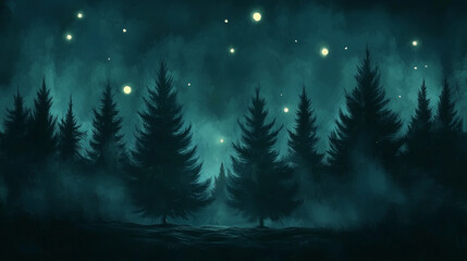 Night forest with trees and glowing lights