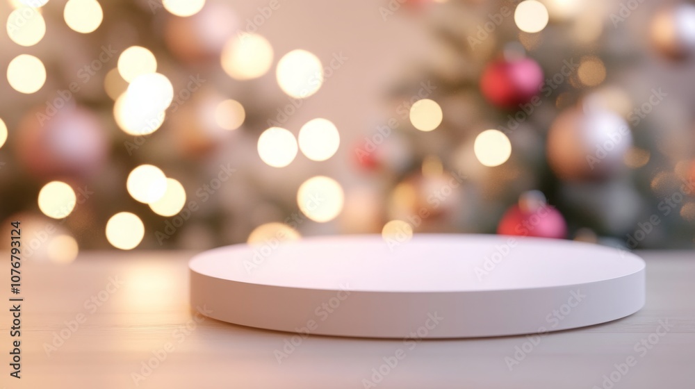 Poster A white circular platform rests on a wooden surface, set against the backdrop of a Christmas tree adorned with colorful ornaments and warm lights, creating a festive and tranquil atmosphere.
