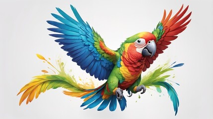 Obraz premium Smiling parrot cartoon, bright wings on a clean white background.