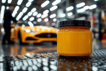 Car wax polish jar on a workbench on a car auto service background.