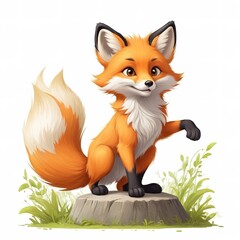 Fototapeta premium Charming orange fox with a bushy tail, cartoon and cute on white.