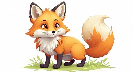 Fototapeta premium Charming orange fox with a bushy tail, cartoon and cute on white.