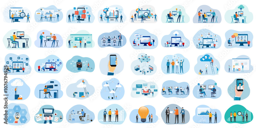 Poster set flat vector illustration design style concept. business cartoon character design. team working a