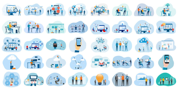 set flat vector illustration design style concept. business  cartoon character design. team working and online video conference meeting. business planning. data analytics. finance investment.