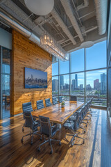 Fototapeta premium Bright and airy conference room featuring a large wooden table, stylish chairs, and expansive windows offering a panoramic view of the city skyline