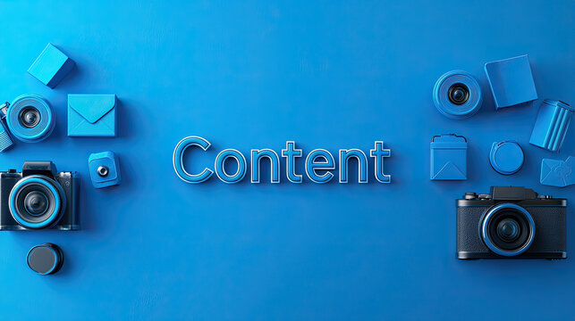 Blue background with cameras and various blue objects surrounding word Content, creating visually appealing layout that emphasizes creativity and photography