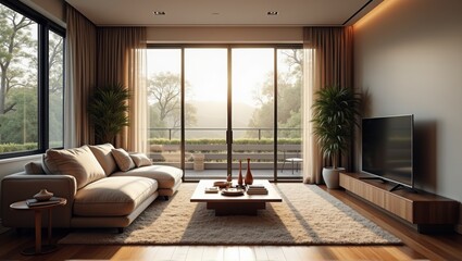 Fototapeta premium Modern living room with large windows, natural light, comfortable sofa, TV, wooden floor, and nature view. Generative, AI,