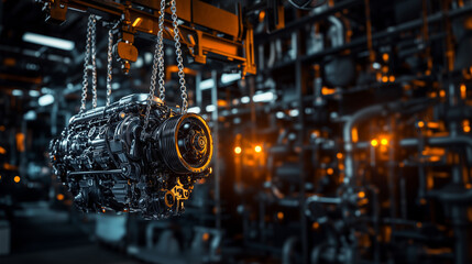 Powerful car internal combustion engine on the auto service garage background.