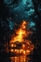 Flames engulf a wooden house as lightning strikes in a stormy sky, creating a tense atmosphere amidst heavy rain and darkness
