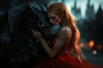 A beautiful girl in a red dress next to a black dragon on an ancient medieval fortress castle background, dragonlord, queen.....