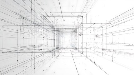 Wireframe design with geometric lines and interconnected dots, evoking a clean and high-tech digital world
