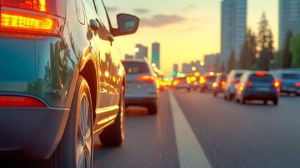 Rush hour traffic jam on a major highway. Cars in line. Severe auto traffic congestion in the city