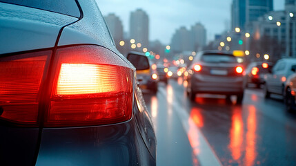 Rush hour traffic jam on a major highway. Cars in line. Severe auto traffic congestion in the city