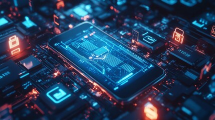 A futuristic smartphone embedded in a complex circuit board with glowing elements, symbolizing advanced technology and connectivity.