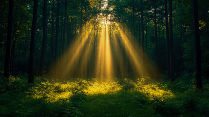 Obraz premium Warm sunlight streams through the trees, illuminating the vibrant green foliage in a tranquil forest setting at dusk