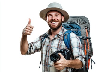 Happy Male Tourist with Camera Giving Thumbs Up, Isolated on White Background