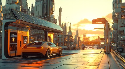 Obraz premium Solar-powered electric vehicle charging station at sunset, car plugged in, warm light reflecting off the panels and buildings, futuristic urban setting, ultra-realistic detail, hdr quality,