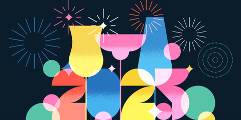 2025 New Year night party banner, poster with colorful cocktails, wine, champagne, fireworks. Vector flat illustration