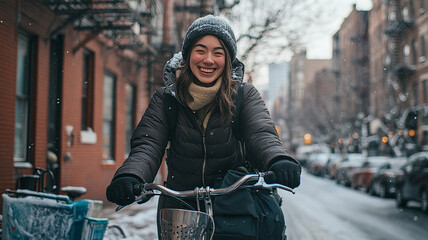 Naklejka premium Woman joyfully riding a bicycle in a snowy city street during wintertime