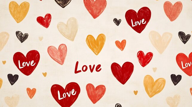 Fototapeta Warm and Vintage Valentine's Day Background with Handdrawn Hearts and Love Inscriptions