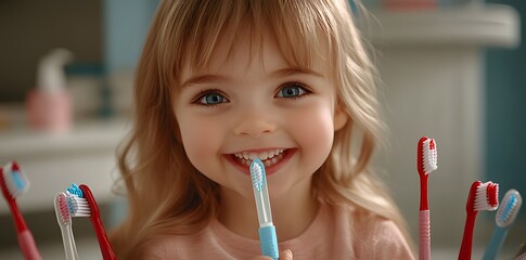 A cheerful child holding a toothbrush among colorful toothbrushes, promoting dental hygiene.