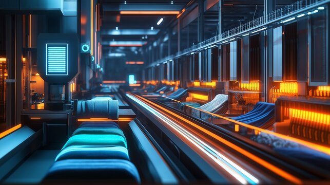 Long view down a modern automated production facility with parallel glowing conveyor tracks for.