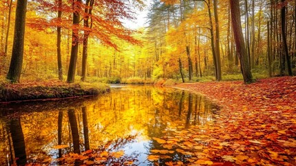 Obraz premium An autumn river surrounded by bright yellow, red, and brown trees, with crisp fallen leaves covering the forest floor and reflecting on the water