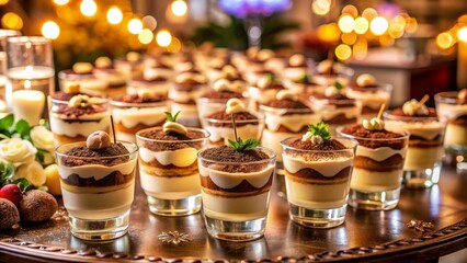 Elegant Display of Tiramisu Dessert Cups at a Lavish Event with Soft Lighting and Decorative Elements for a Luxurious Dining Experience